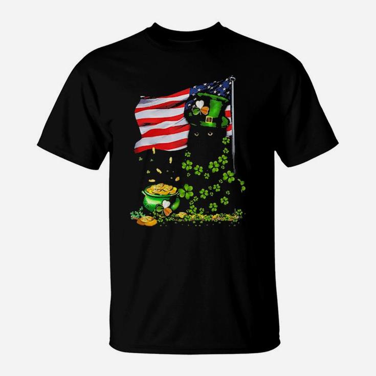 Black Cat Usa Flag Patrick Day T-Shirt
