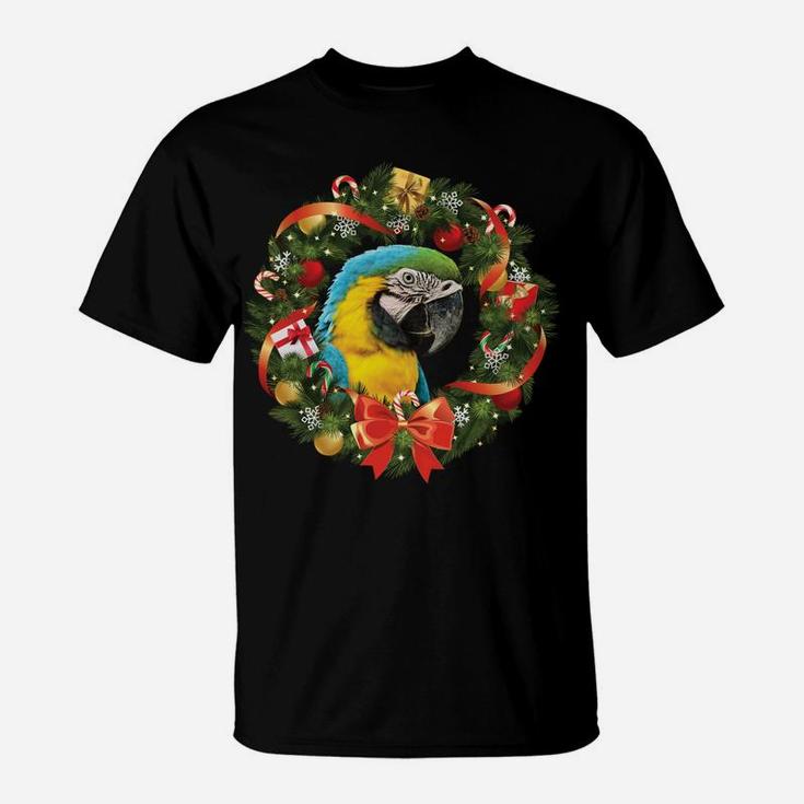 Blue & Gold Macaw Parrot Christmas Wreath Sweatshirt T-Shirt