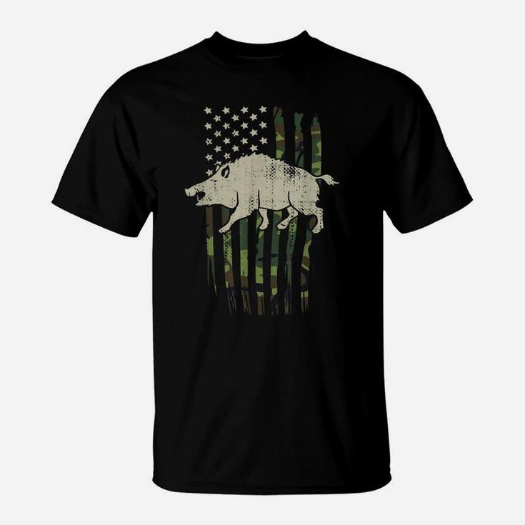 Boar Hunting Camouflage American Flag Hog Hunter T-Shirt