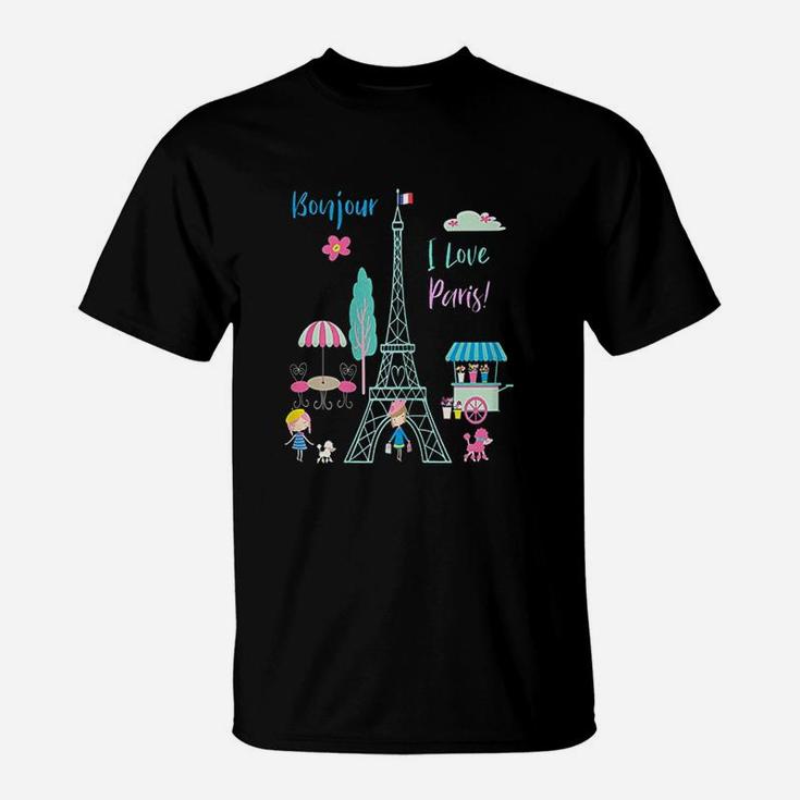 Bonjour I Love Paris France Eiffel Tower T-Shirt
