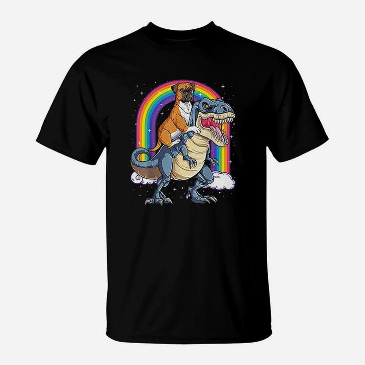 Boxer Riding DinosaurRex Gift Dog Lover Boys Kids Rainbow T-Shirt