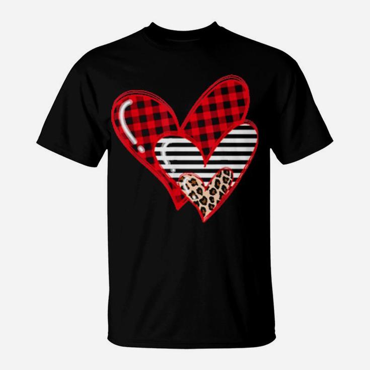 Buffalo Plaid Leopard Hearts Valentine's Day T-Shirt