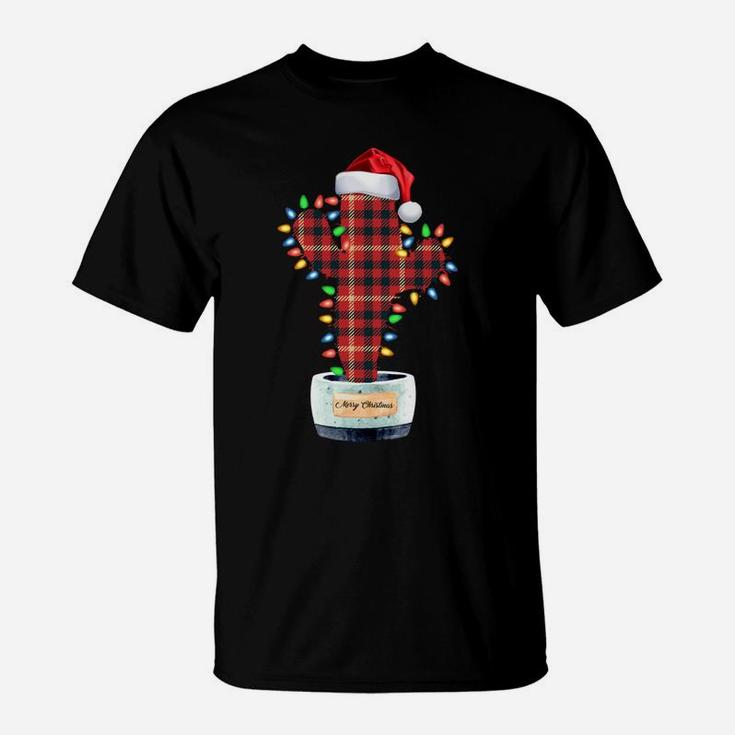 Cactus Christmas Buffalo Plaid Shirt Lights Santa Gift Xmas Sweatshirt T-Shirt