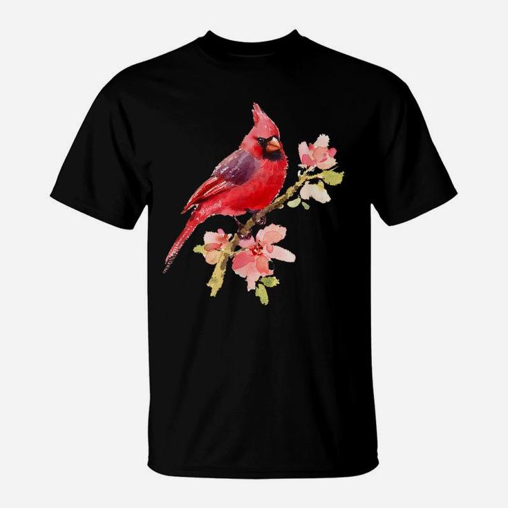 Cardinal Spirit Animal, Red Bird Stand On Pink Flower T-Shirt