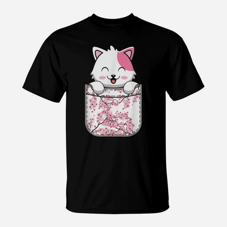 Cat Anime Kawaii Neko Cherry Blossom Sakura Flower Pocket T-Shirt