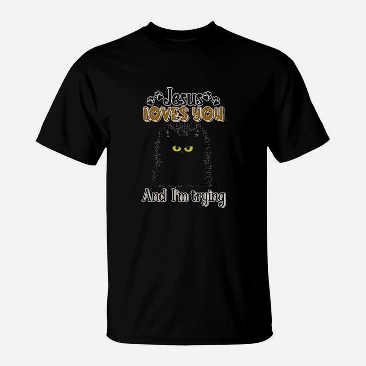 Cat Black Jesus Loves You T-Shirt