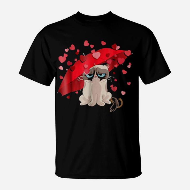 Cat Raining Hearts Valentines Day T-Shirt