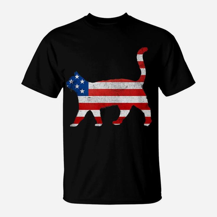 Cat Silhouette Walk Usa Flag Patriotic Vintage Kitten Lovers T-Shirt