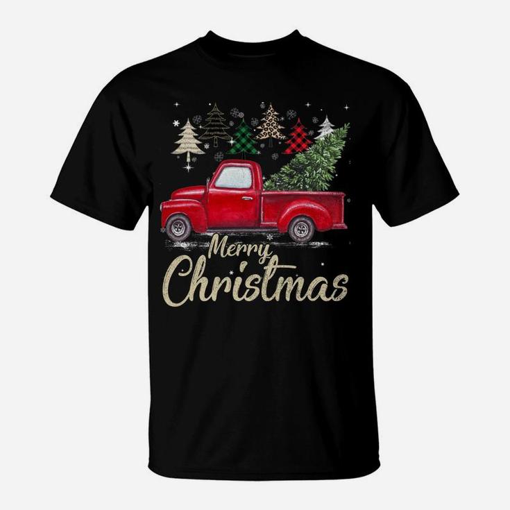 Chrismas Red Truck With Buffalo Plaid And Leopard Xmas Trees T-Shirt