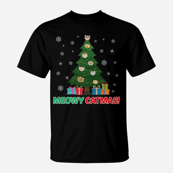Christmas Meowy Catmas Cat Kitty Tree Design T-Shirt