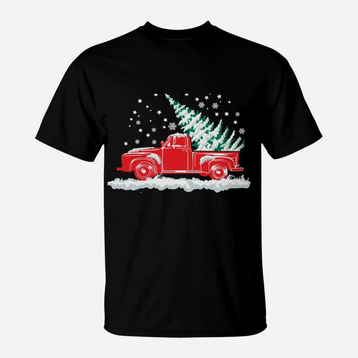 Christmas Tree In Back Of Old Red Pick Up Truck Snowing T-Shirt