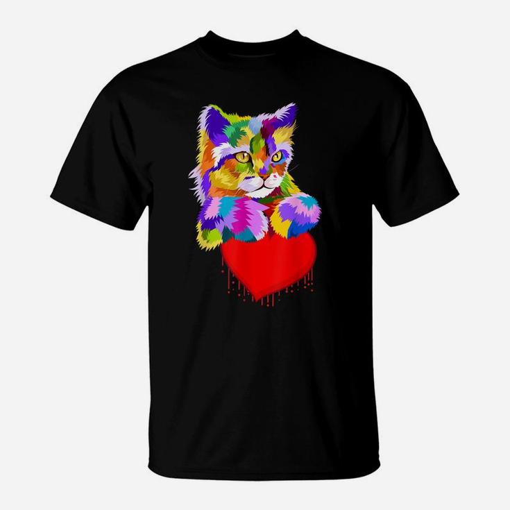 Colorful Cat For Kitten Lovers Kitty Adoption Dripping Heart T-Shirt