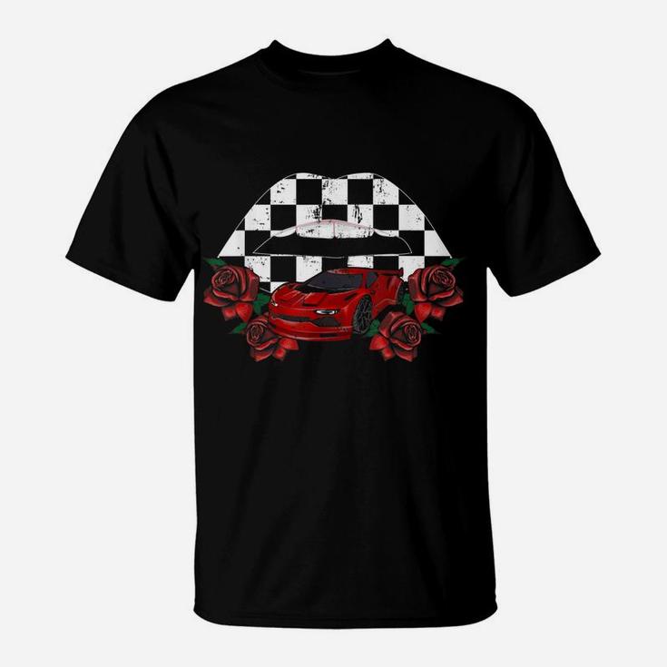 Cool Checkered Lips Kiss Red Rose Flower Car Racing Party T-Shirt