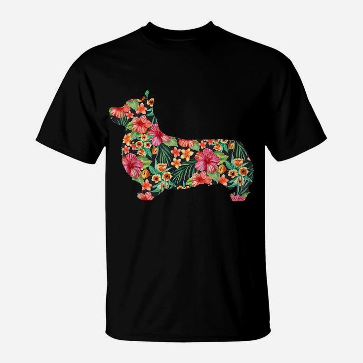Corgi Flower Funny Dog Silhouette Floral Gifts Women Men T-Shirt