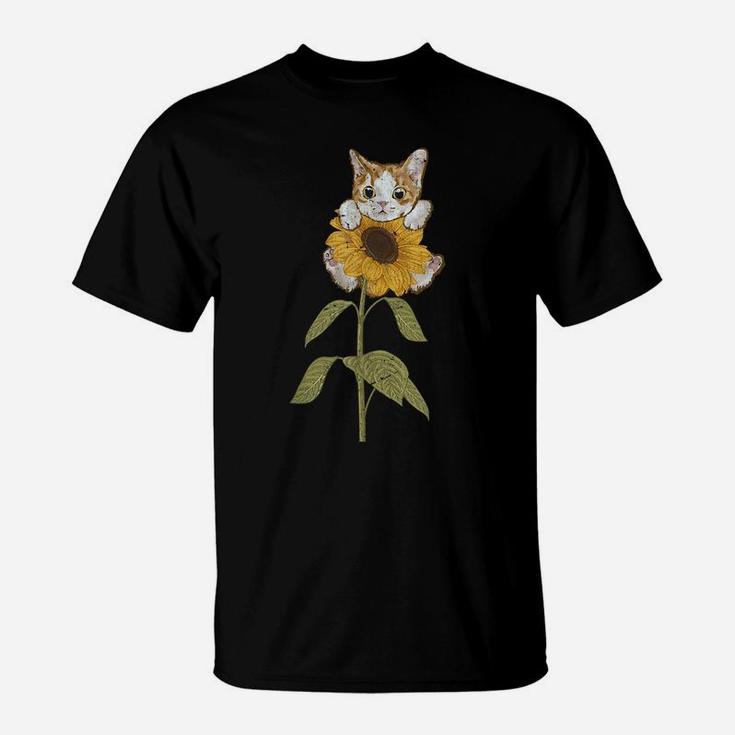 Cute Cat Florist Beautiful Yellow Flower Floral Sunflower T-Shirt