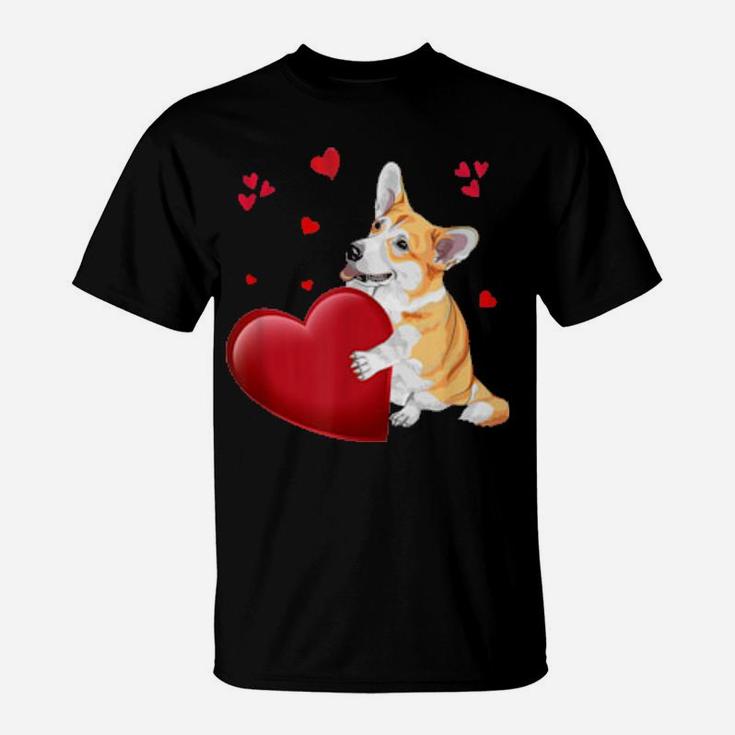 Cute Corgi Valentines Day Holding Heart Couple Matching T-Shirt