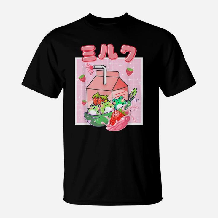 Cute Cottagecore Kawaii Frog Strawberry Milk Retro 90S Tee T-Shirt
