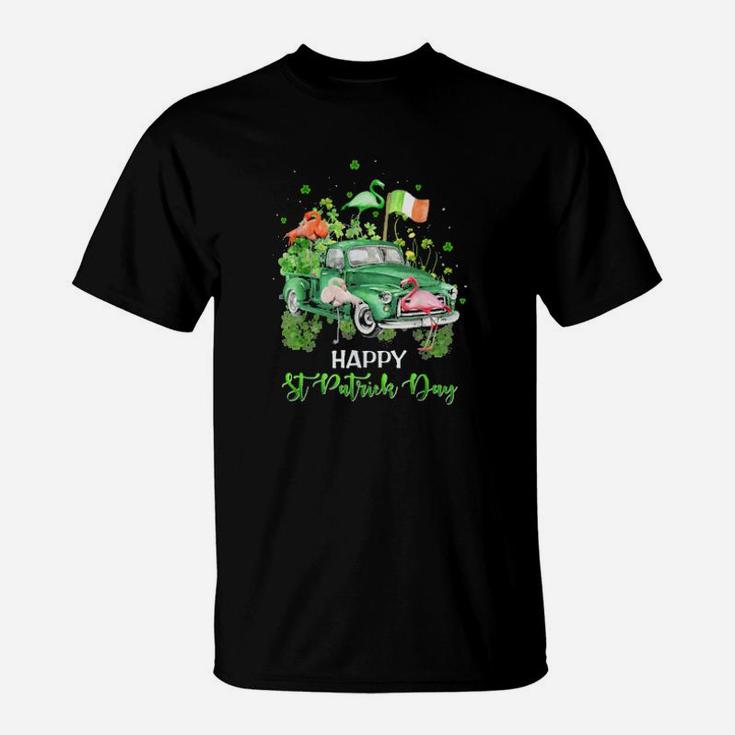 Cute Flamingo Truck Shamrock Green St Patrick Day T-Shirt
