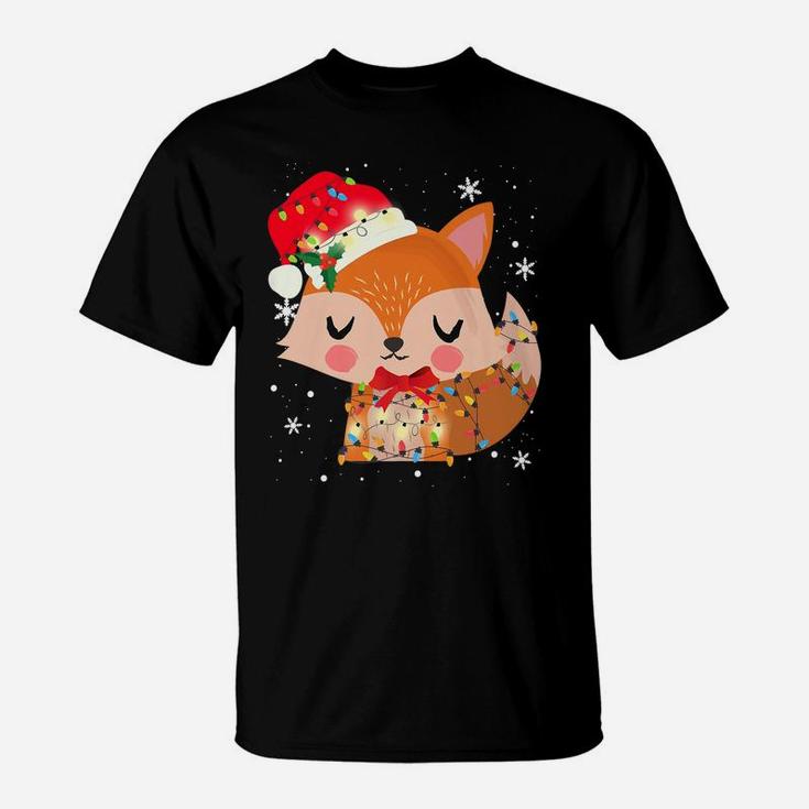 Cute Fox Christmas Light Xmas Mom Dad Gifts T-Shirt