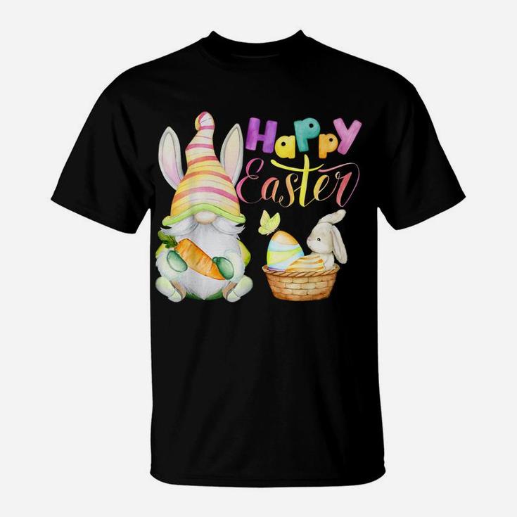 Cute Gnome & Bunny Rabbit Colorful Lettering Happy Easter T-Shirt