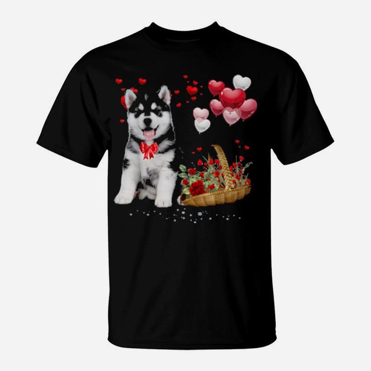 Cute Siberian Husky Balloon Heart Valentine's Day Valentine T-Shirt