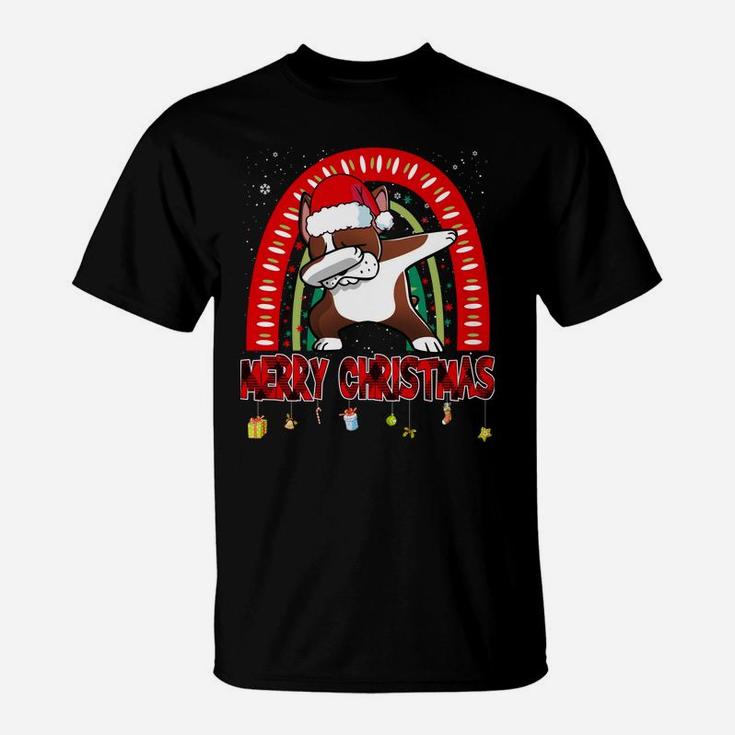 Dabbing Boston Terrier Dog Boho Rainbow Funny Christmas T-Shirt