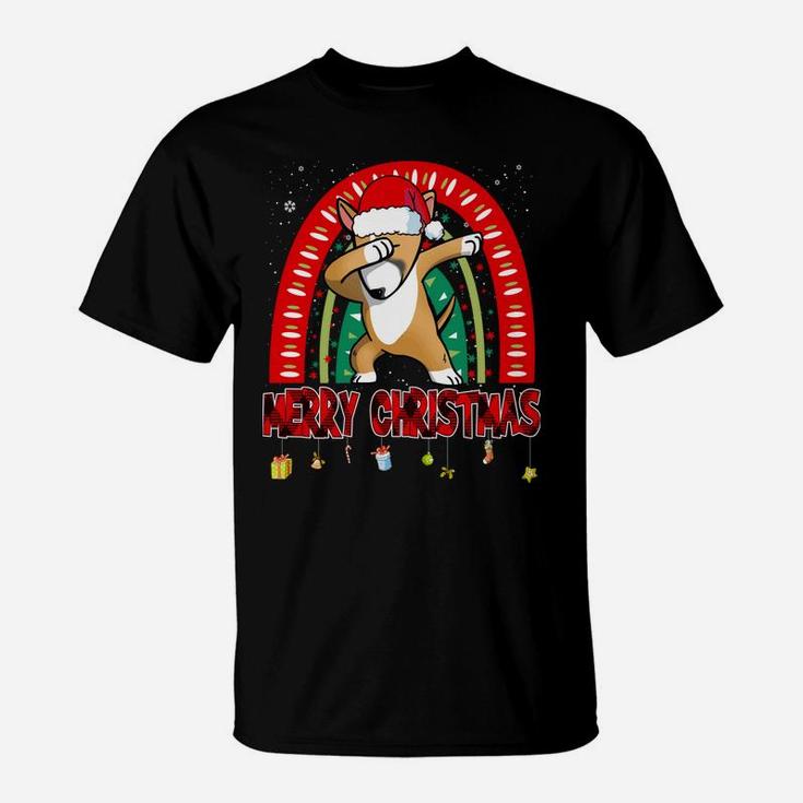 Dabbing Bull Terrier Dog Boho Rainbow Funny Merry Christmas T-Shirt