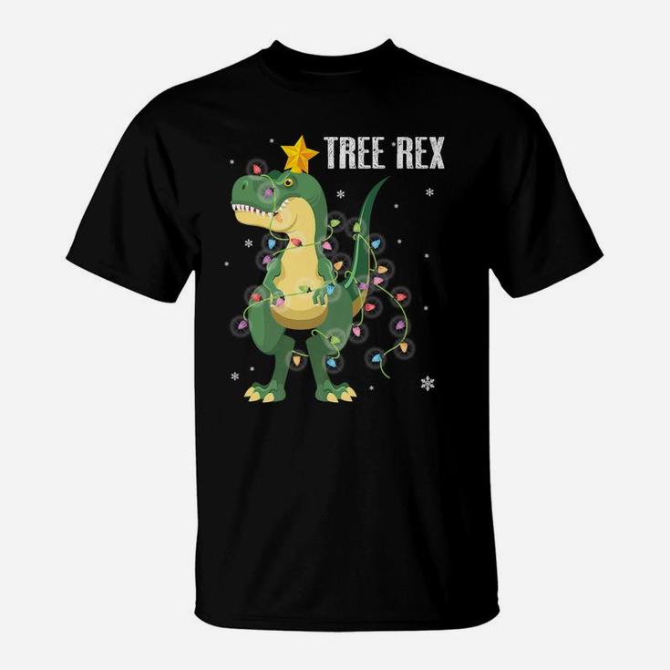 Dinosaur With Christmas Lights Dancing Snow Tree Xmas Rex T-Shirt