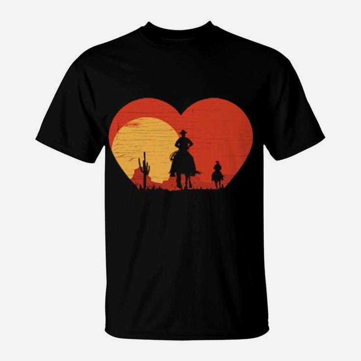 Distressed Heart Shape Cowboy Riding Horse Sunset Mountains T-Shirt