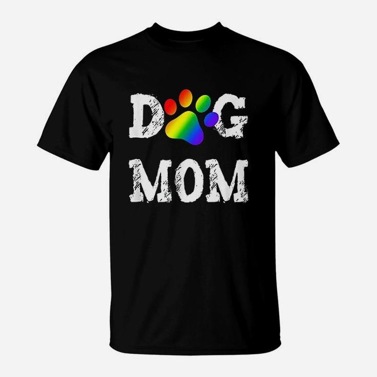 Dog Mom Dog Lover Rainbow Puppy Paw T-Shirt