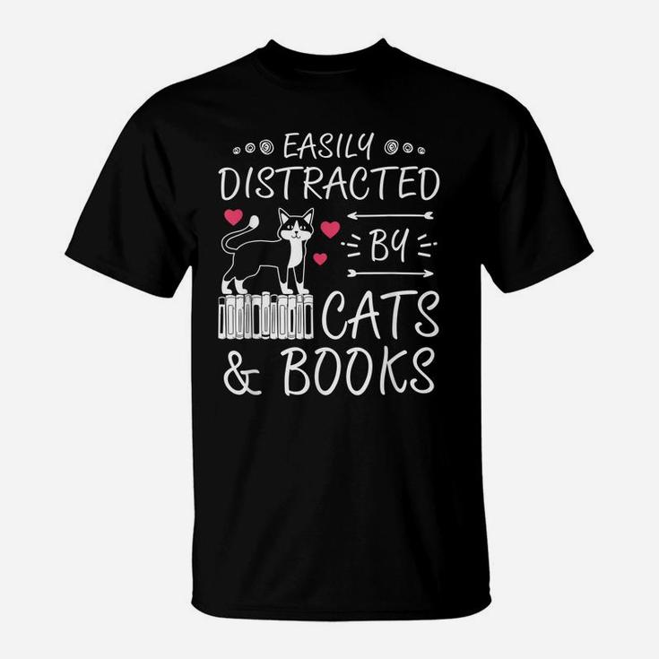 Easily Distracted By Cats Books Women Tee Birthday Christmas T-Shirt