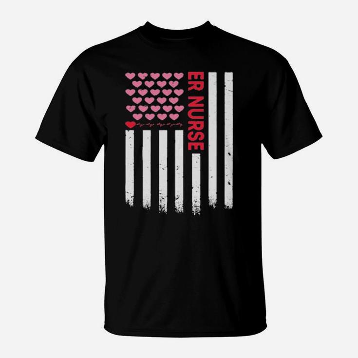 Er Nurse American Flag Heart Valentines Day T-Shirt