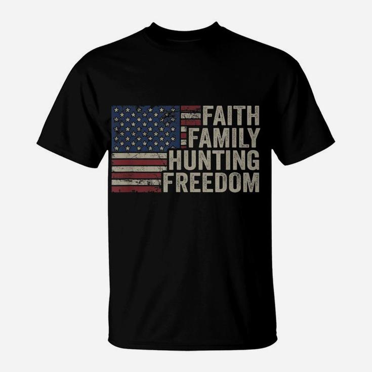 Faith Family Hunting Freedom - Vintage Hunter American Flag T-Shirt