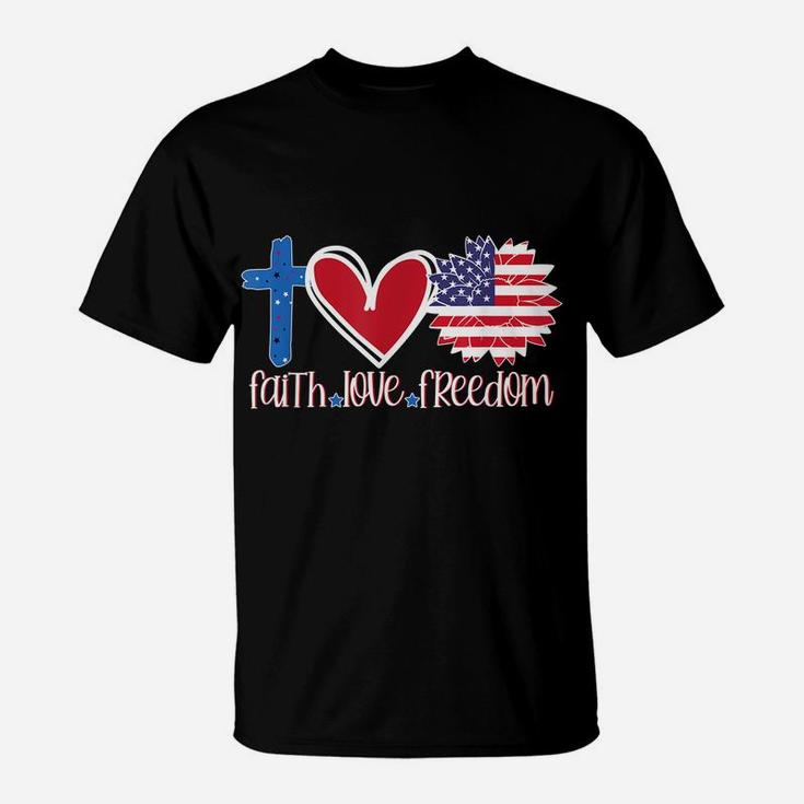 Faith Love Freedom  American Flag Flower Christian T-Shirt