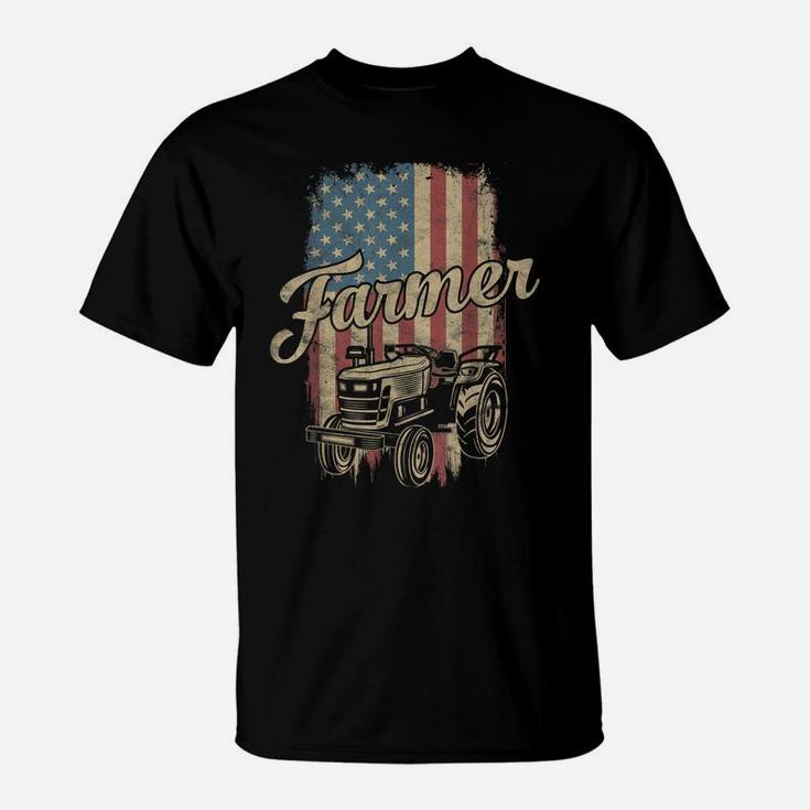 Farmer American Flag Retro Farming Tractor Usa Patrioticic T-Shirt