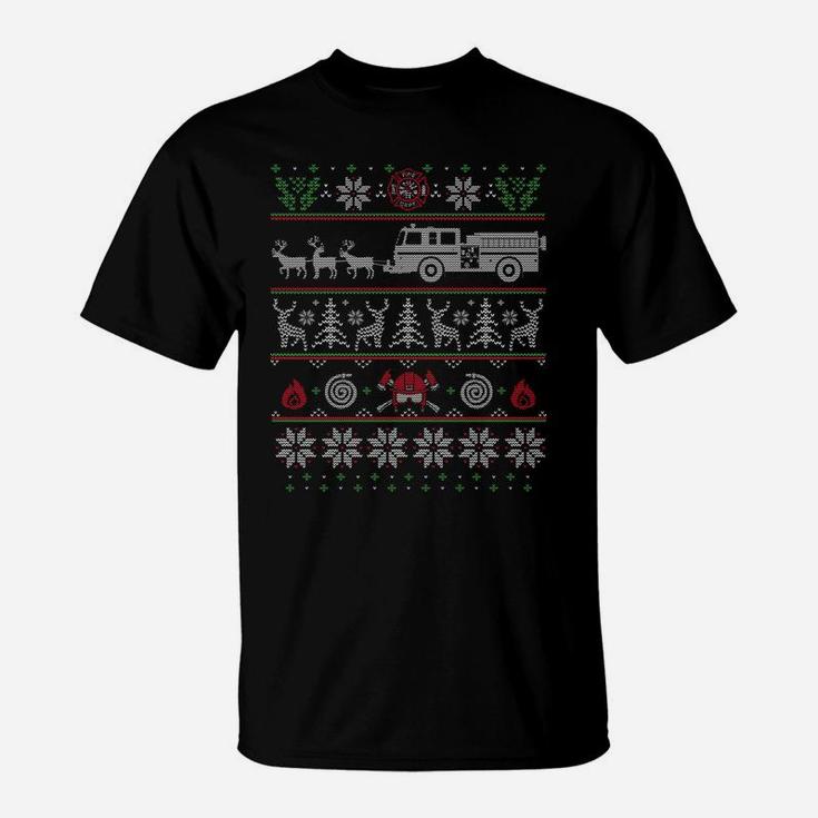 Firefighter Fire Truck Pulled By Reindeer Ugly Christmas T-Shirt