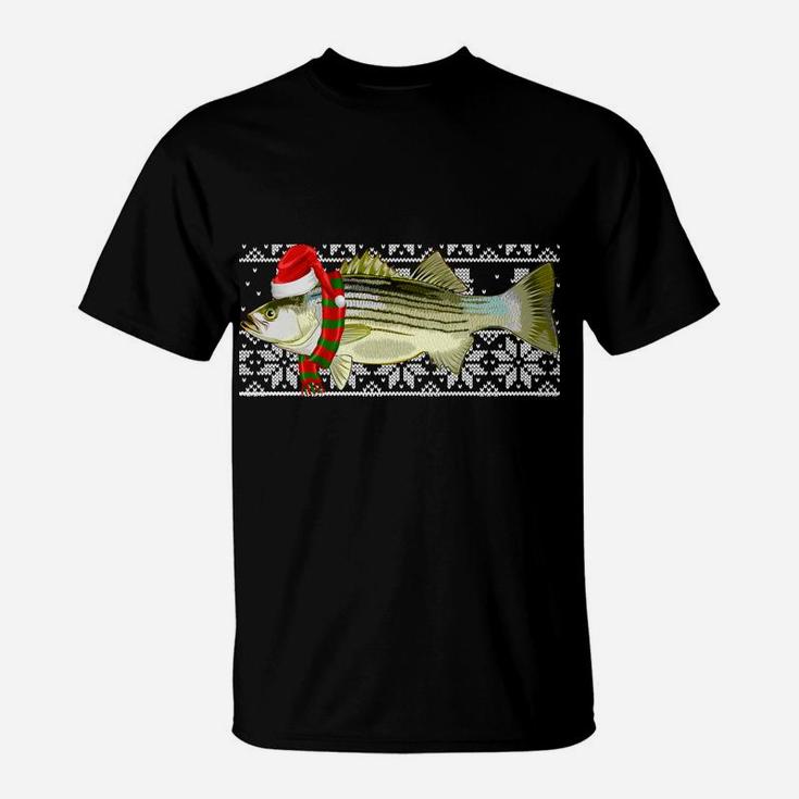 Fish Xmas Santa Hat Striped Bass Ugly Christmas Sweatshirt T-Shirt