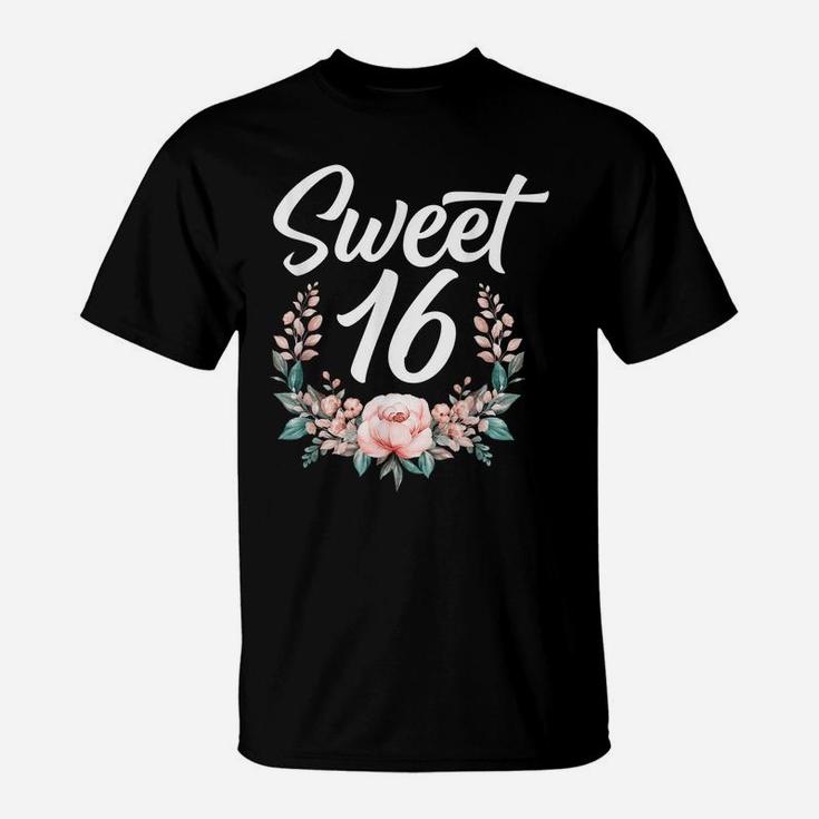 Floral Sweet Sixteen 16Th Birthday Flower Sweet 16 T-Shirt