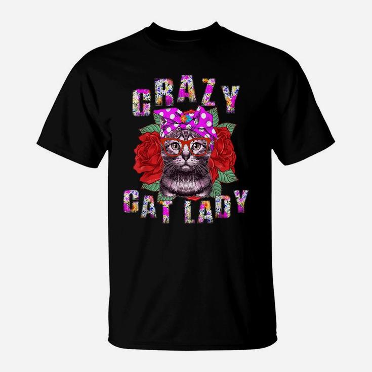 Flower Crazy Cat Lady Gift For Women Girls Vintage Red Roses T-Shirt