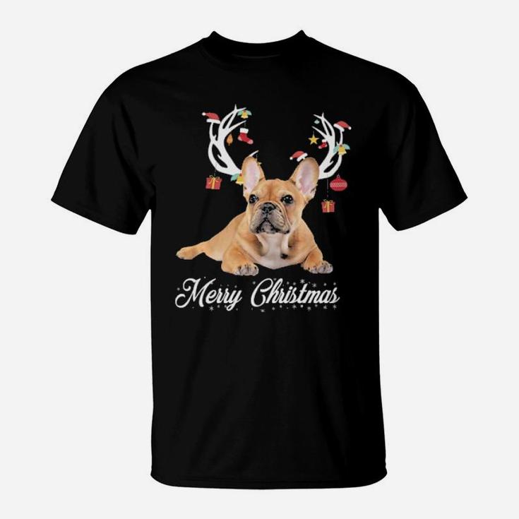 French Bulldog Reindeer Horns Merry Xmas Dog Lover Gift T-Shirt