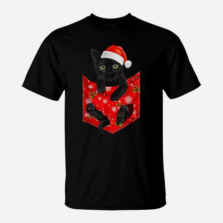 Funny Black Cat Christmas Pocket For Cat Lovers T-Shirt