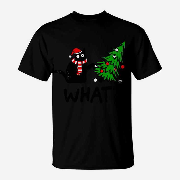 Funny Black Cat Gift Pushing Christmas Tree Over Cat What T-Shirt