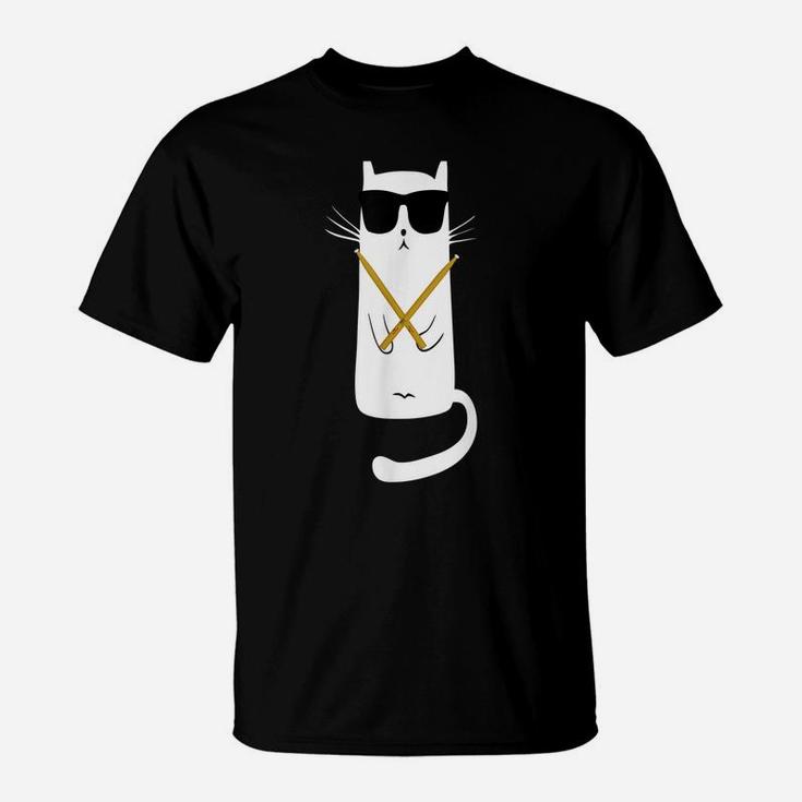 Funny Cat Wearing Sunglasses Playing Drums Drummers T-Shirt