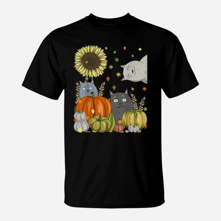 Funny Cats & Pumpkin Sunflower Fall Cat Lovers Thanksgiving T-Shirt