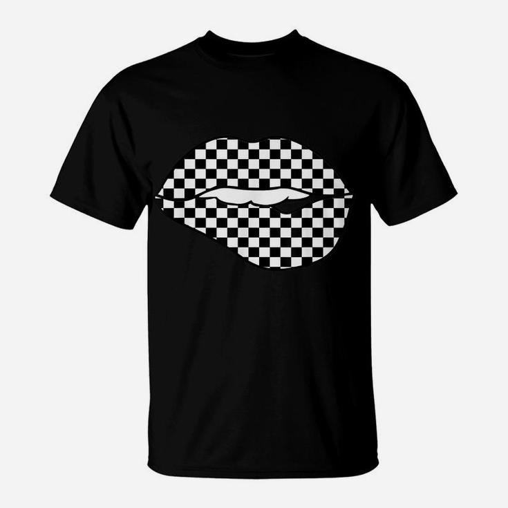 Funny Checkered Black White Lip Gift Cute Checkerboard Women T-Shirt