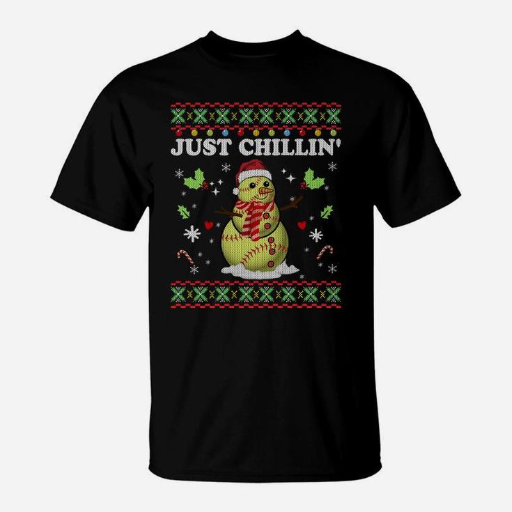 Funny Chillin' Snowman Softball Ball Ugly Christmas Sweater Sweatshirt T-Shirt
