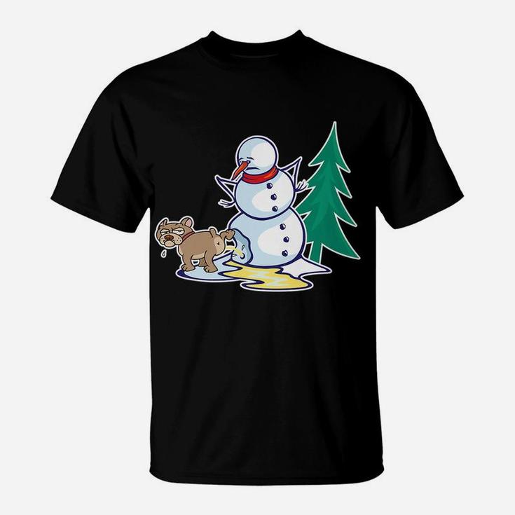 Funny Christmas Dog Peeing On Snowman Winter T-Shirt