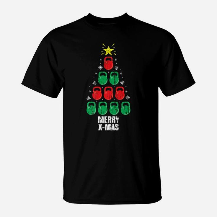 Funny Christmas Kettlebells Tree Design Holiday Gift Workout T-Shirt