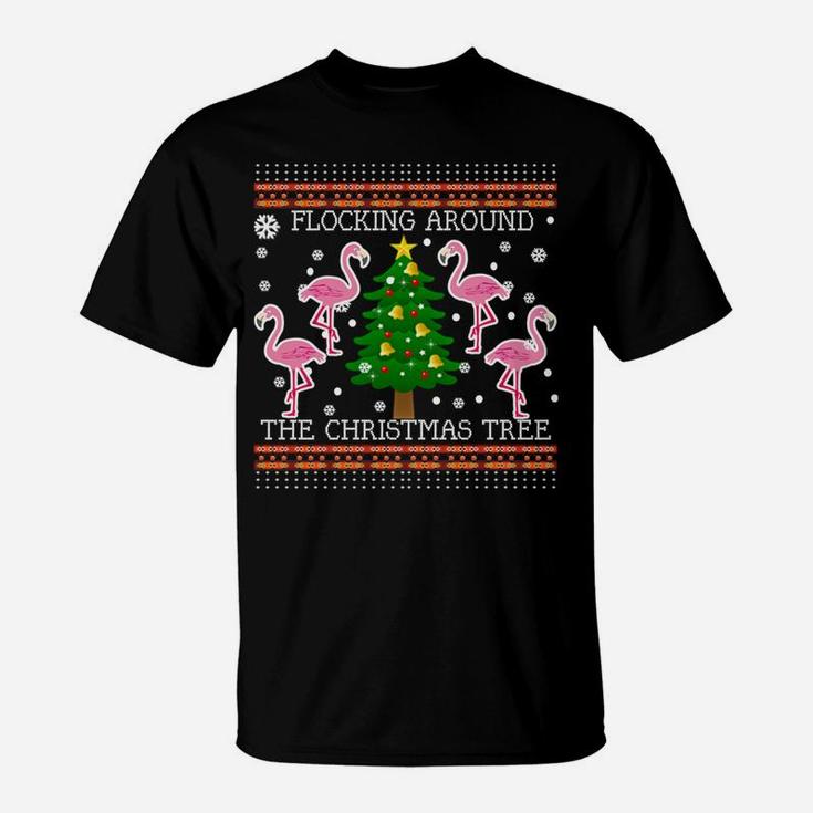 Funny Flamingo Ugly Christmas Tree Snow Sweater Jumper T-Shirt