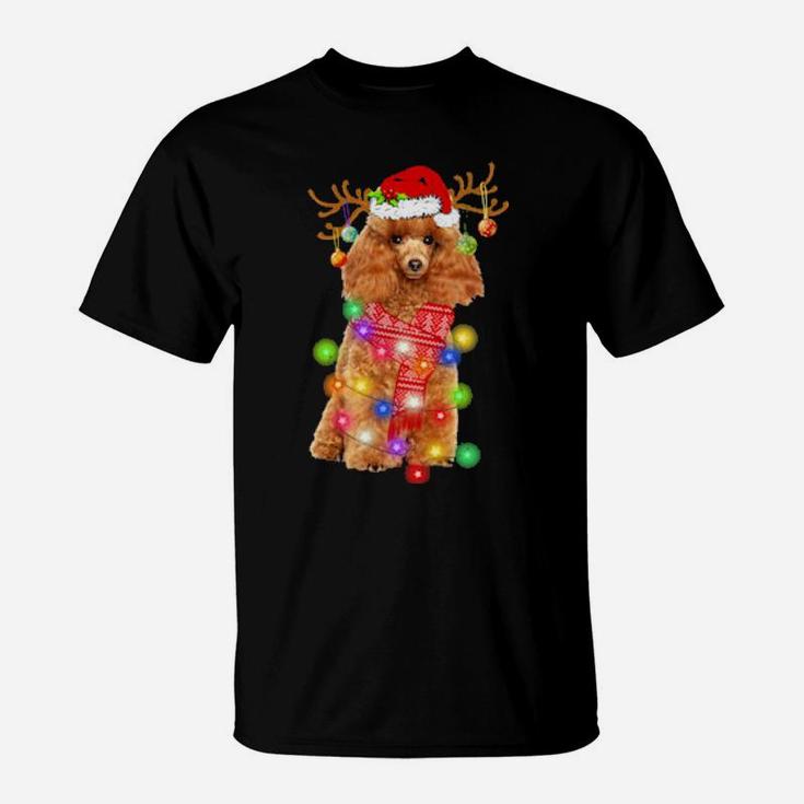Funny Poodle Santa Hat Xmas Lights Dog T-Shirt